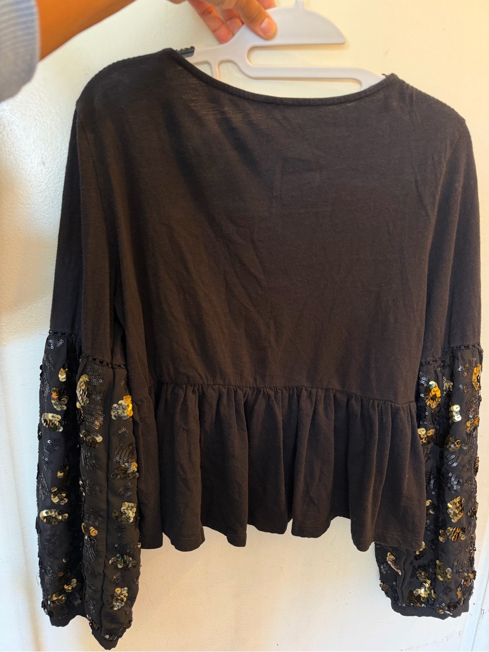 Anthropologie Black Gold Sequin Sleeve Peplum Boho Blouse Size M - Picture 10 of 11